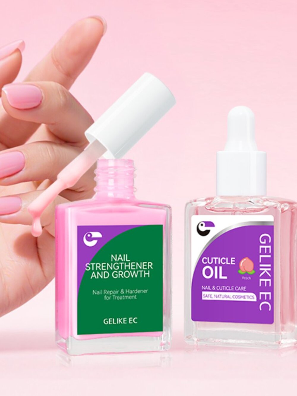 Nail Growth Treatment Enamel & Cuticle Oil Nailcare Set Pink Peach 15ml NEW